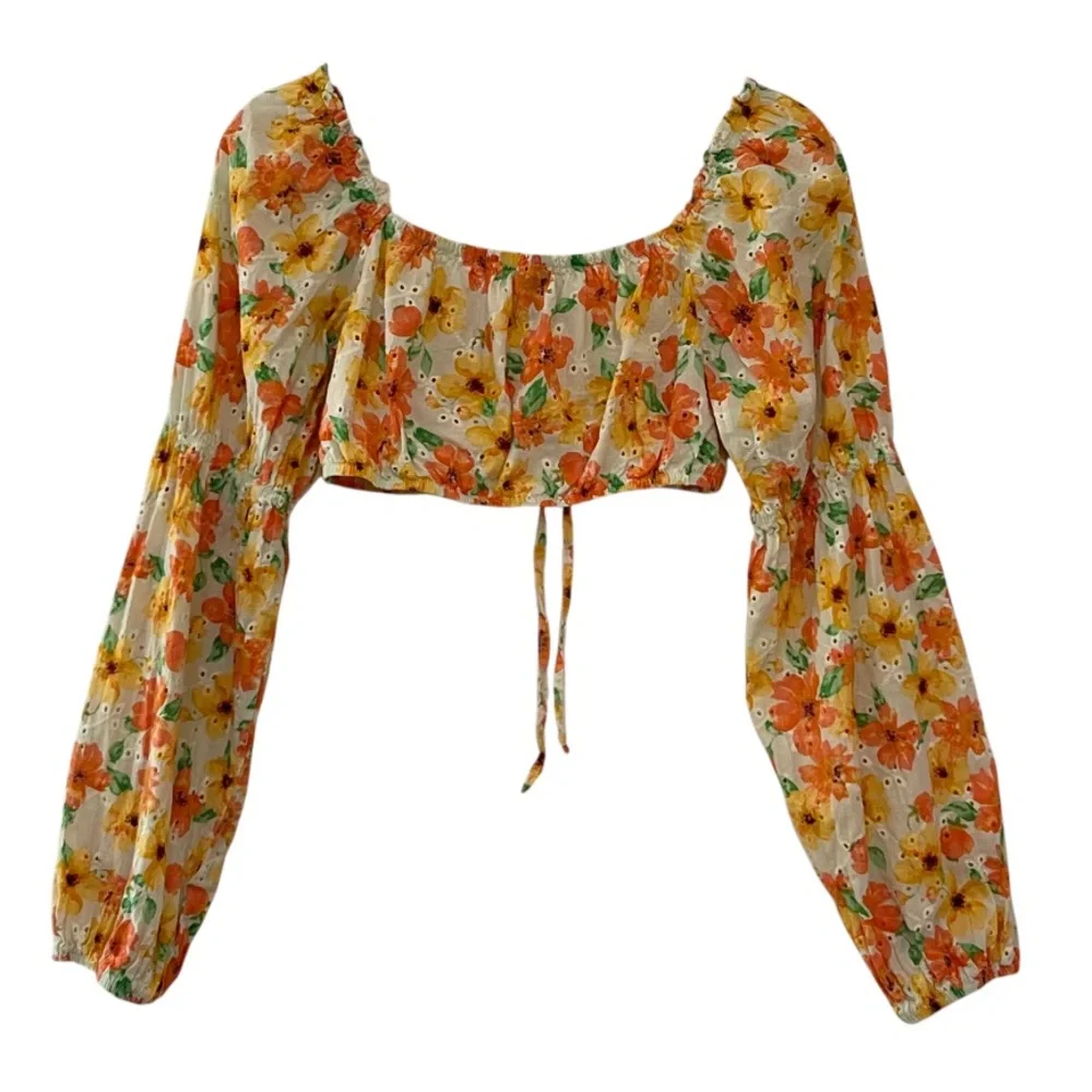 Wild Fable Puff Long Sleeve Alkaid Tiny Top Floral Eyelet Front Tie Size M - Picture 7 of 12